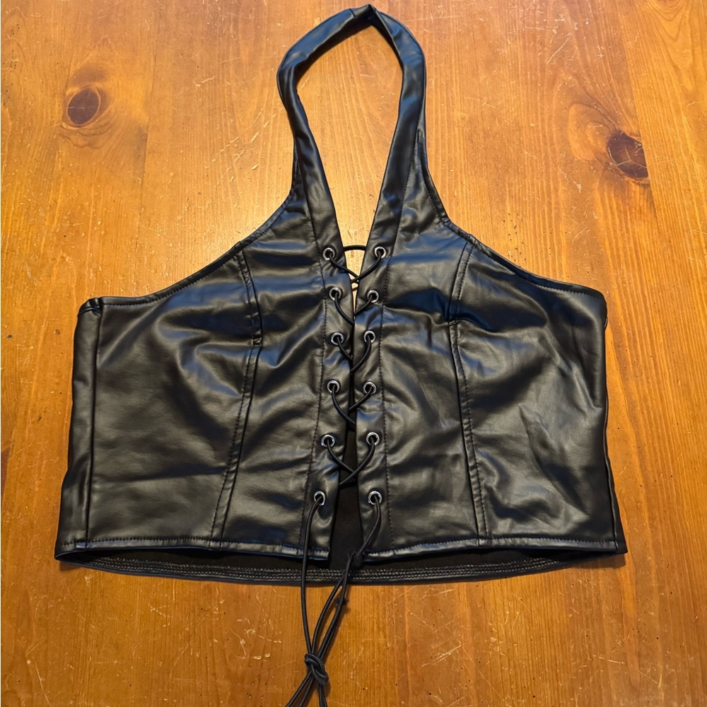 Black Halter Lace-Up Leather Top